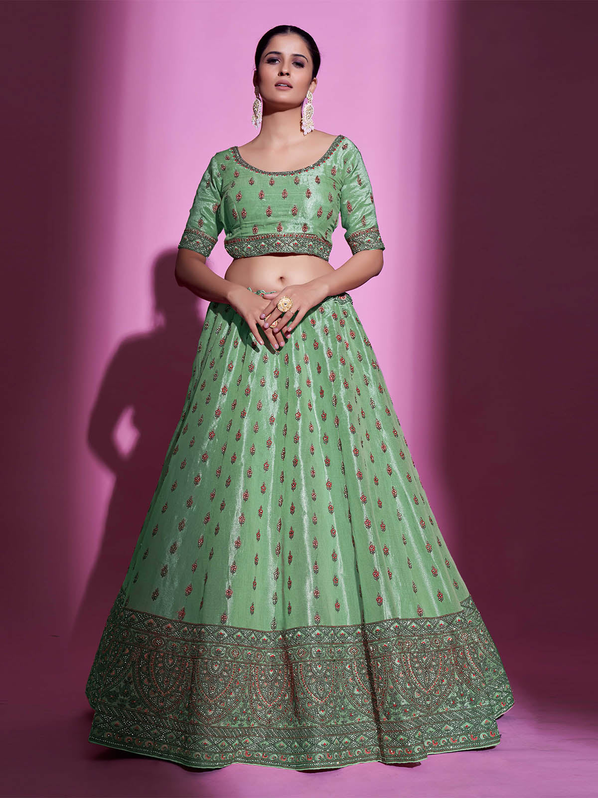 Odette Women Green Silk Blend Embroidered Semi Stitched Lehenga With Unstitched Blouse