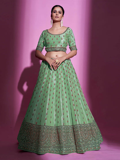 Odette Women Green Silk Blend Embroidered Semi Stitched Lehenga With Unstitched Blouse