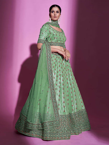Odette Women Green Silk Blend Embroidered Semi Stitched Lehenga With Unstitched Blouse