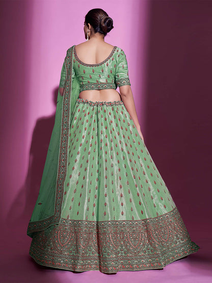 Odette Women Green Silk Blend Embroidered Semi Stitched Lehenga With Unstitched Blouse
