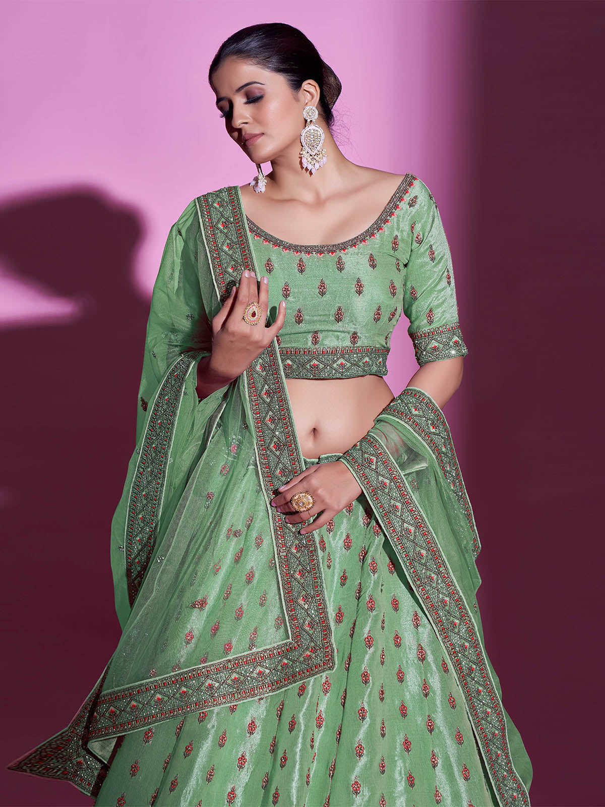 Odette Women Green Silk Blend Embroidered Semi Stitched Lehenga With Unstitched Blouse
