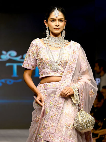 Odette Women Purple Net Semi Stitched Lehenga With Unstitched Blouse