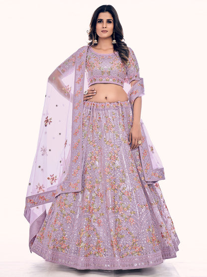 Odette Women Purple Net Semi Stitched Lehenga With Unstitched Blouse