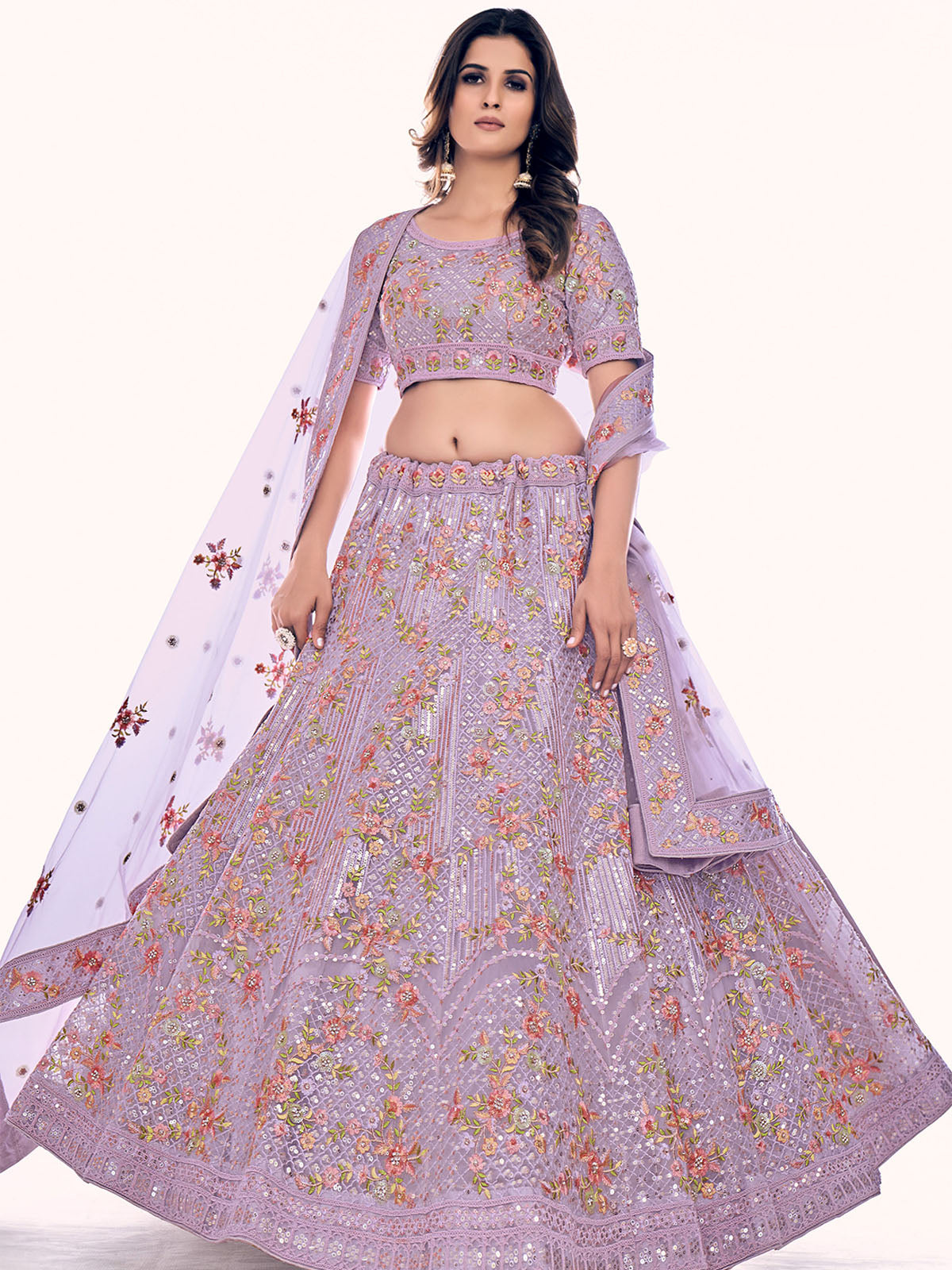 Odette Women Purple Net Semi Stitched Lehenga With Unstitched Blouse