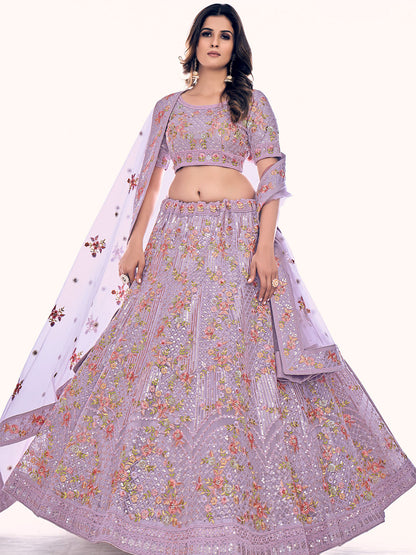 Odette Women Purple Net Semi Stitched Lehenga With Unstitched Blouse