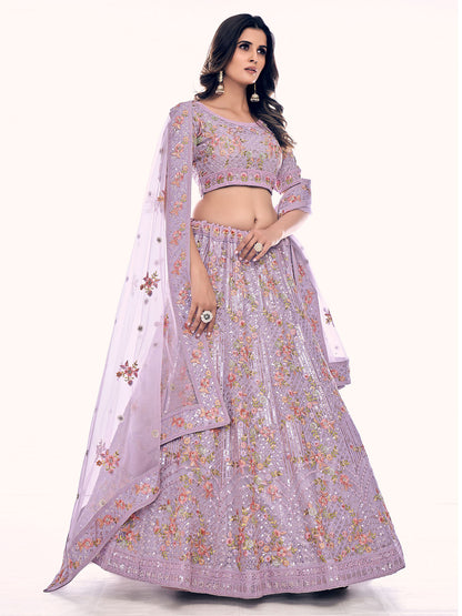 Odette Women Purple Net Semi Stitched Lehenga With Unstitched Blouse
