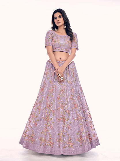 Odette Women Purple Net Semi Stitched Lehenga With Unstitched Blouse
