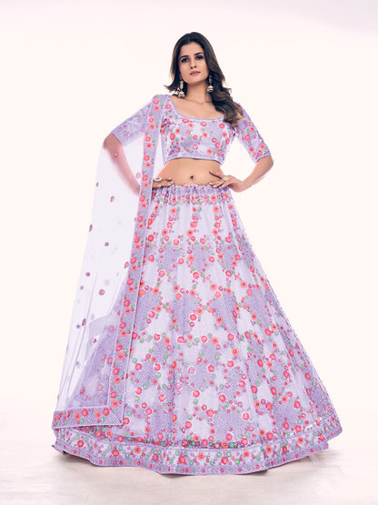 Odette Lavender Embroidered Soft Net Semi Stitched Lehenga With Blouse For Women