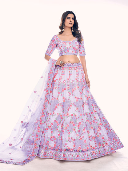 Odette Lavender Embroidered Soft Net Semi Stitched Lehenga With Blouse For Women