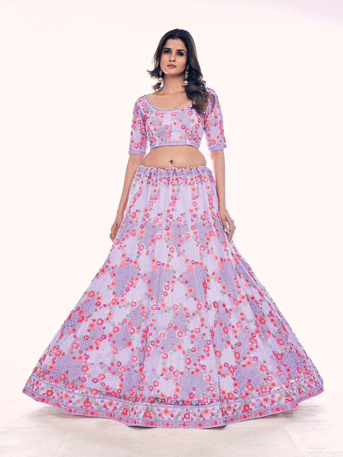 Odette Lavender Embroidered Soft Net Semi Stitched Lehenga With Blouse For Women
