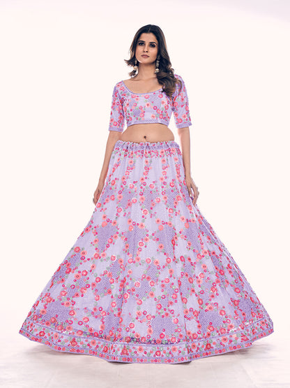 Odette Lavender Embroidered Soft Net Semi Stitched Lehenga With Blouse For Women