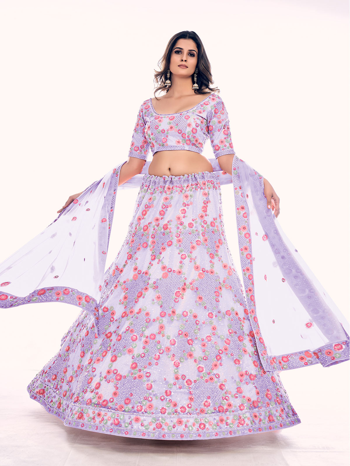 Odette Lavender Embroidered Soft Net Semi Stitched Lehenga With Blouse For Women