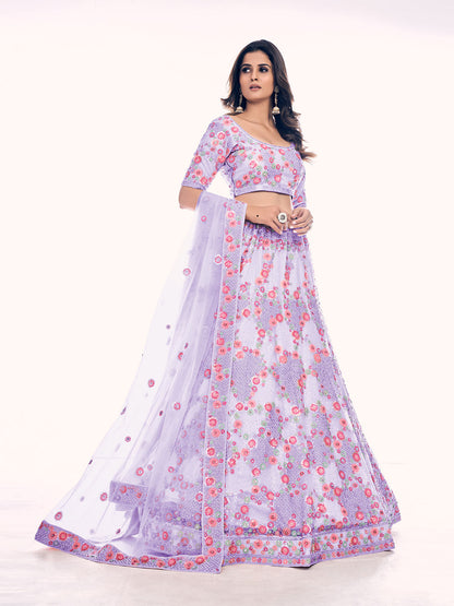 Odette Lavender Embroidered Soft Net Semi Stitched Lehenga With Blouse For Women