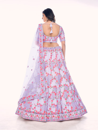 Odette Lavender Embroidered Soft Net Semi Stitched Lehenga With Blouse For Women