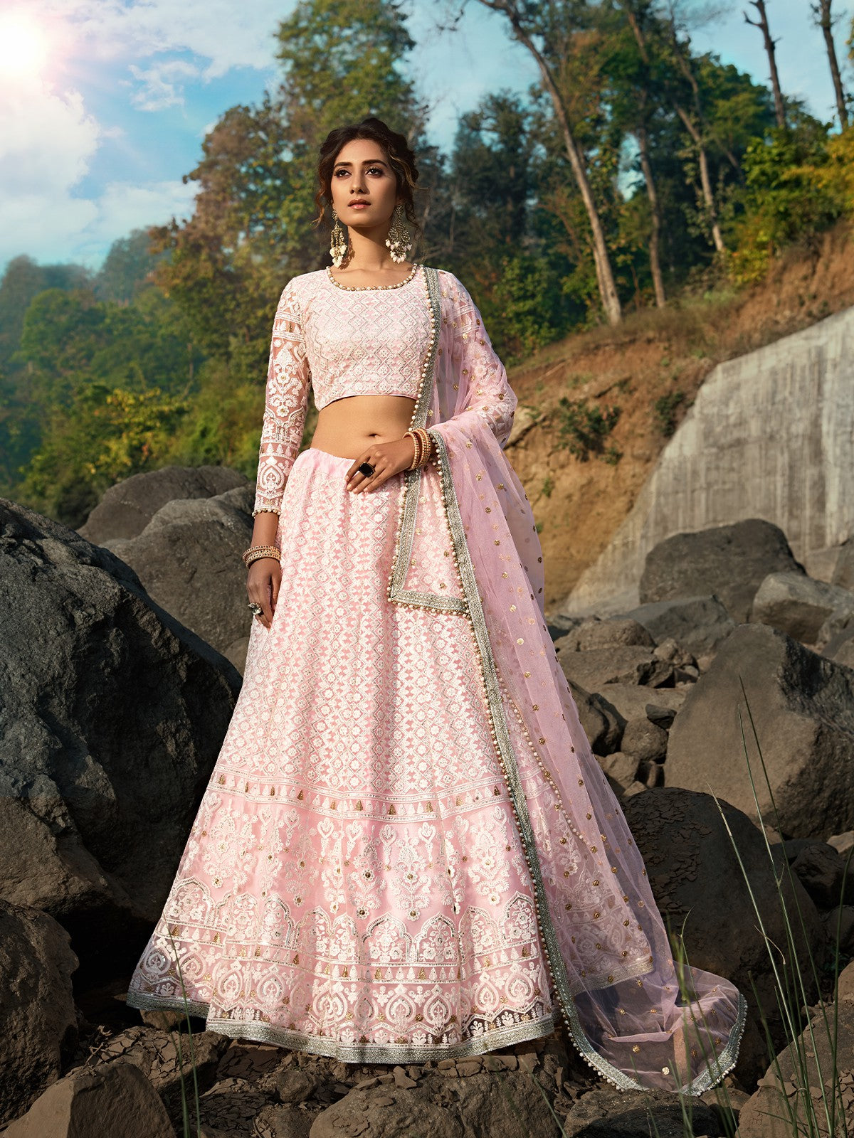 Odette Women Designer Pink Semi Stitched Lehenga With Unstitched Blouse