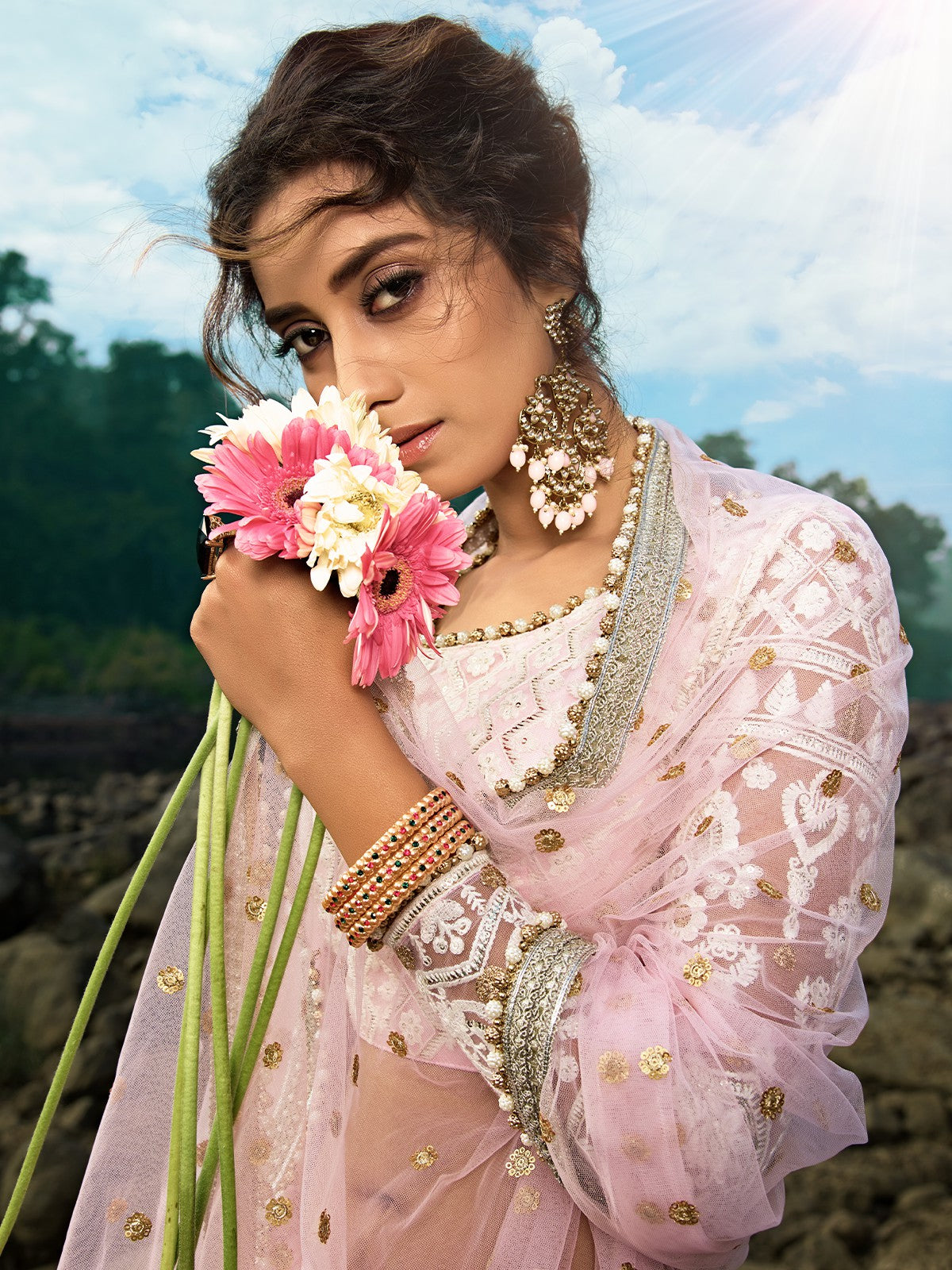 Odette Women Designer Pink Semi Stitched Lehenga With Unstitched Blouse