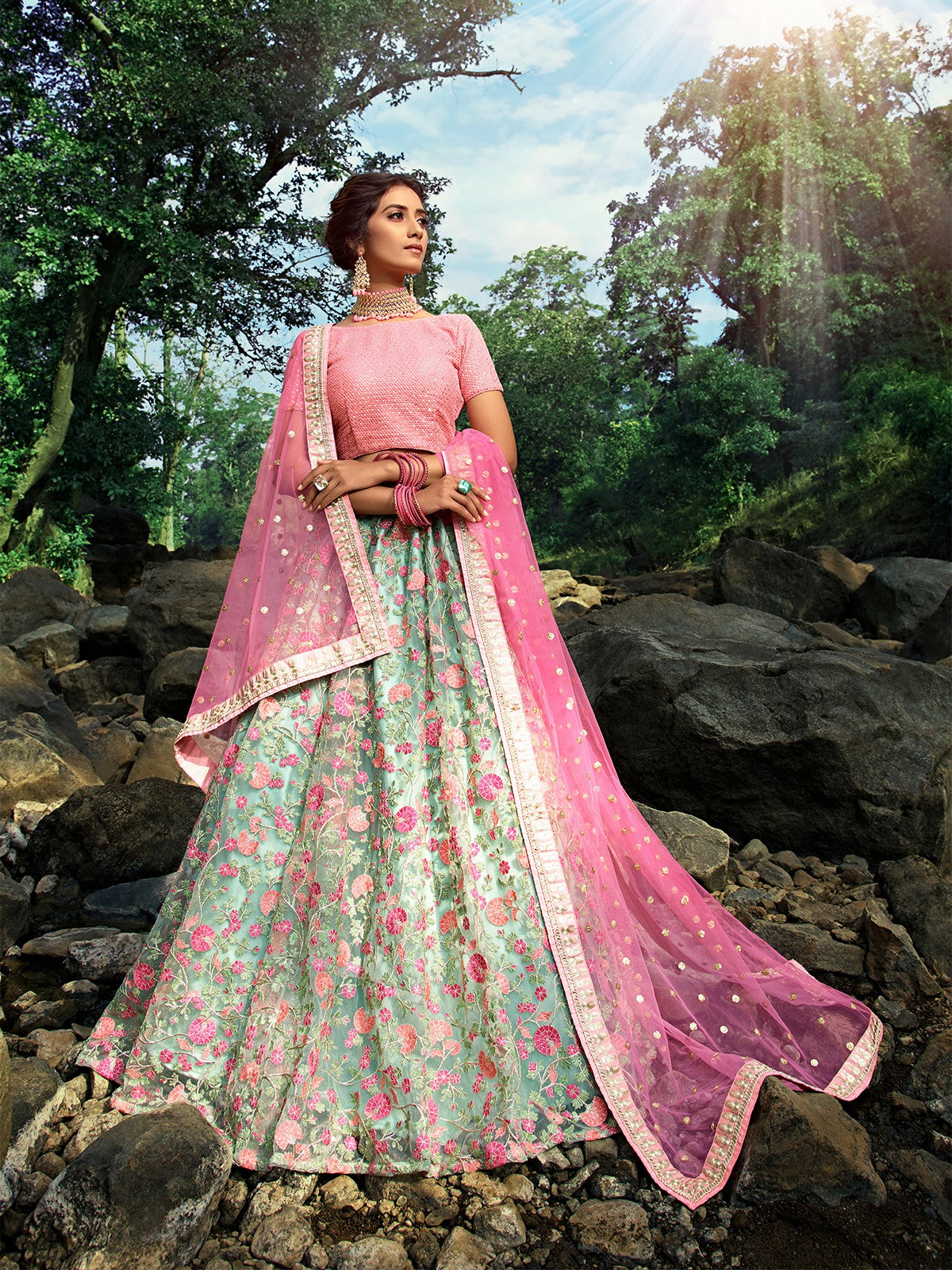 Odette Women Sea Green Stunning Semi Stitched Lehenga With  Unstitched Blouse