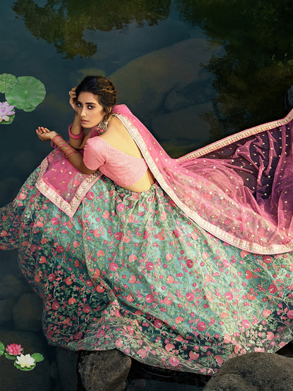 Odette Women Sea Green Stunning Semi Stitched Lehenga With  Unstitched Blouse