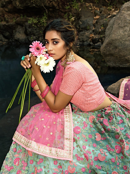 Odette Women Sea Green Stunning Semi Stitched Lehenga With  Unstitched Blouse