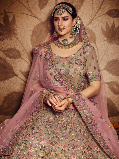 Odette Women Beige Embroidered Georgette Semi Stitched Lehenga With Unstitched Blouse