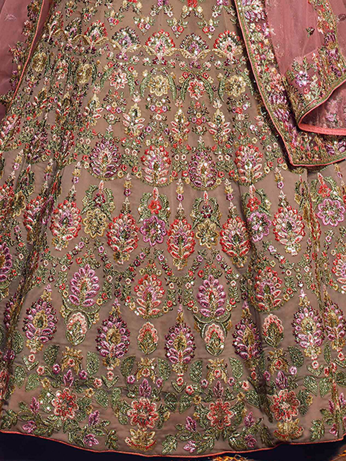 Odette Women Beige Embroidered Georgette Semi Stitched Lehenga With Unstitched Blouse