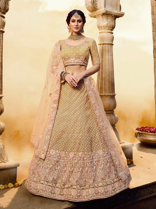 Odette Women Gold Embroidered Soft Net Semi Stitched Lehenga With Unstitched Blouse
