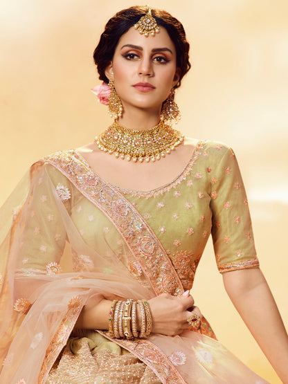 Odette Women Gold Embroidered Soft Net Semi Stitched Lehenga With Unstitched Blouse