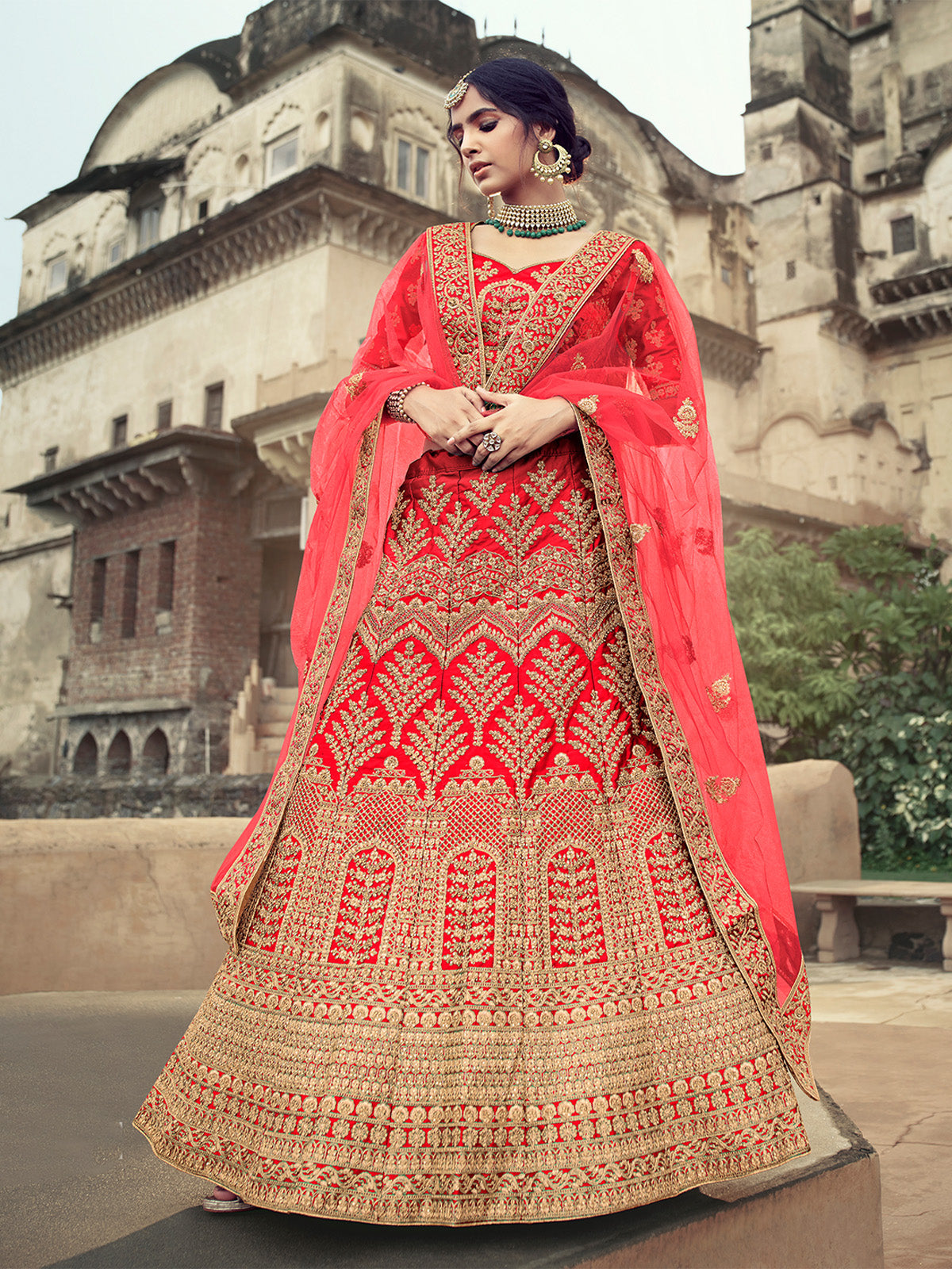 Odette Women Red Embroidered Semi Stitched Lehenga With Unstitched Blouse