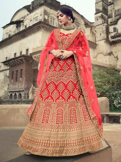 Odette Women Red Embroidered Semi Stitched Lehenga With Unstitched Blouse