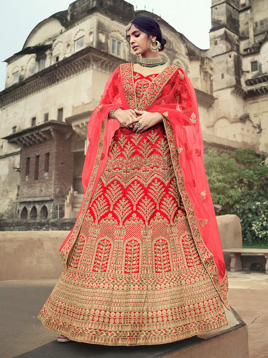 Odette Women Red Embroidered Semi Stitched Lehenga With Unstitched Blouse