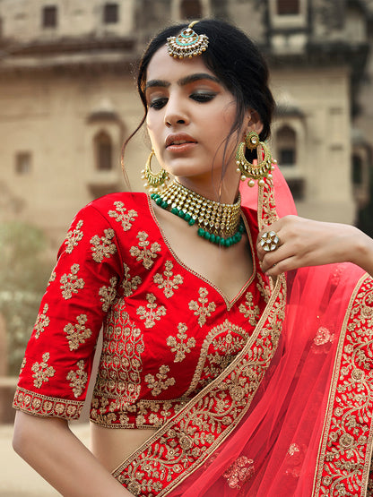 Odette Women Red Embroidered Semi Stitched Lehenga With Unstitched Blouse