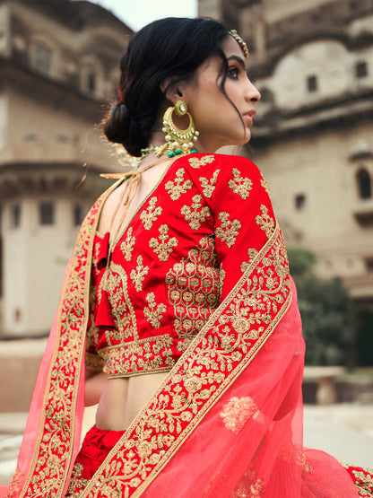 Odette Women Red Embroidered Semi Stitched Lehenga With Unstitched Blouse