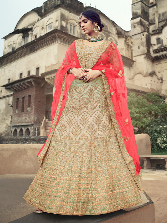 Odette Women Beige Embroidered Semi Stitched Lehenga With Unstitched Blouse