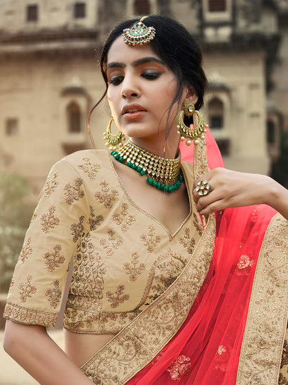 Odette Women Beige Embroidered Semi Stitched Lehenga With Unstitched Blouse