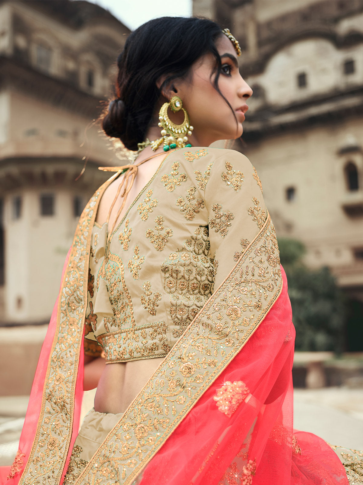 Odette Women Beige Embroidered Semi Stitched Lehenga With Unstitched Blouse