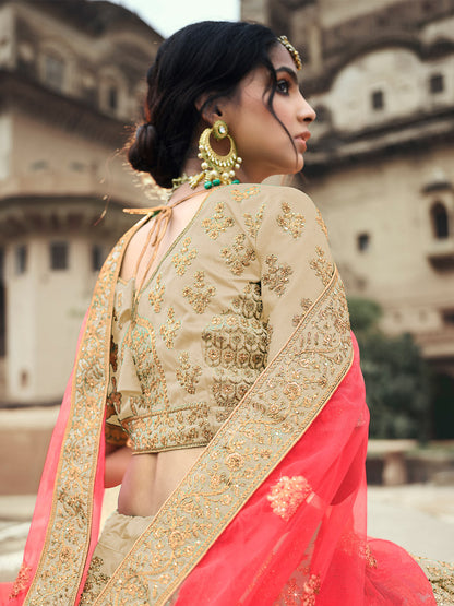 Odette Women Beige Embroidered Semi Stitched Lehenga With Unstitched Blouse