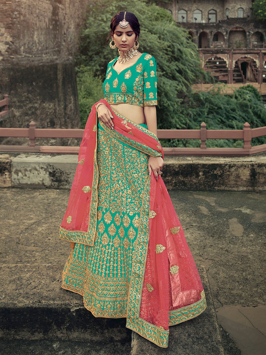 Odette Women Green Embroidered Semi Stitched Lehenga With Unstitched Blouse