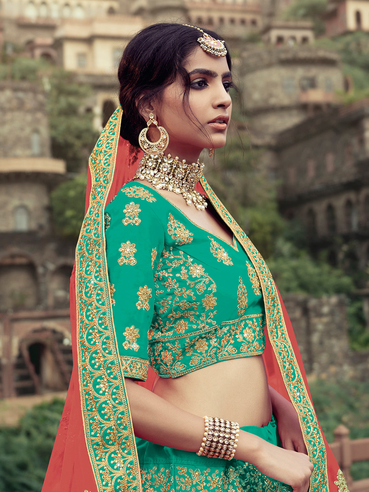 Odette Women Green Embroidered Semi Stitched Lehenga With Unstitched Blouse