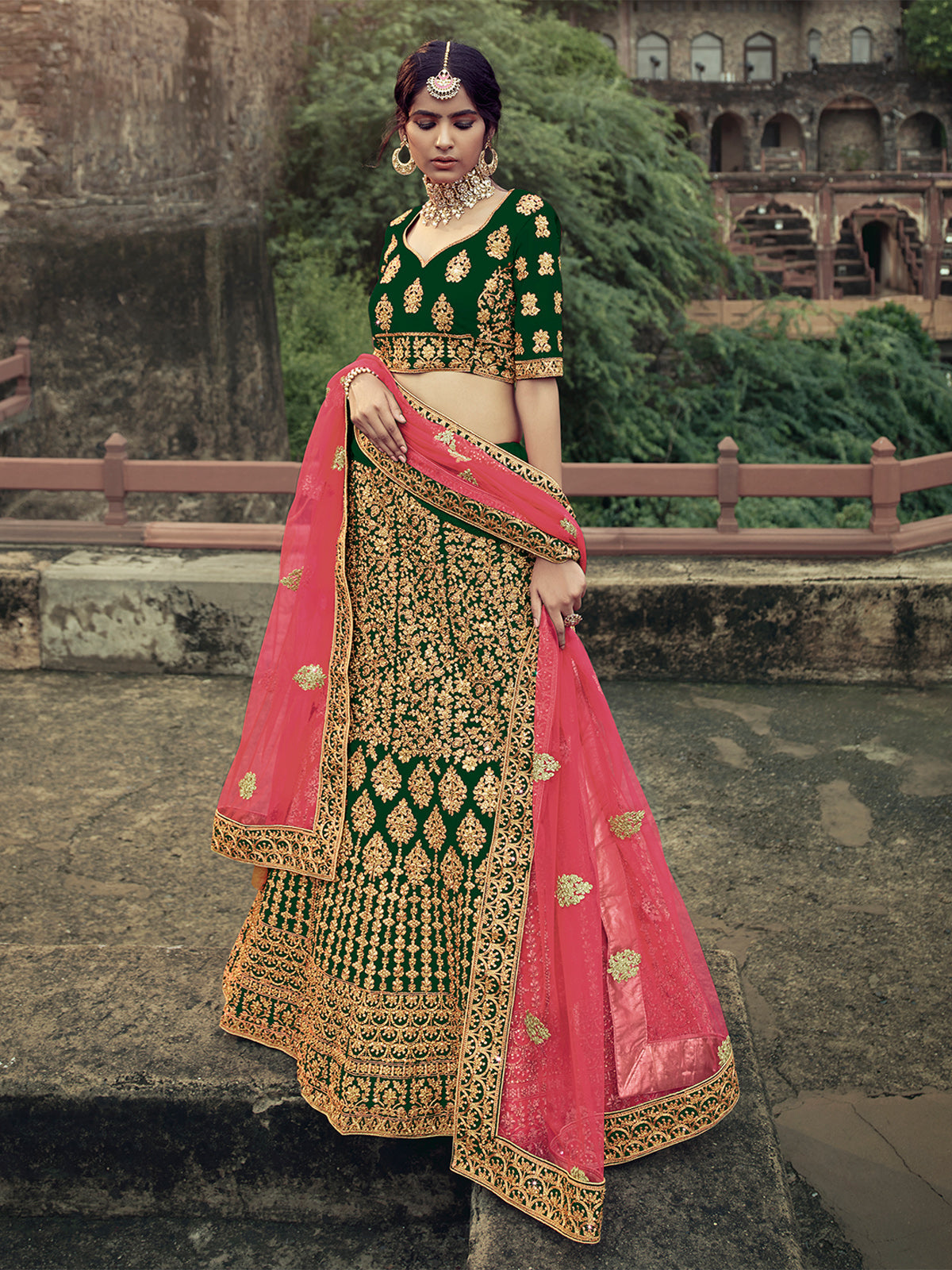 Odette Women Dark Green Embroidered Semi Stitched Lehenga With Unstitched Blouse