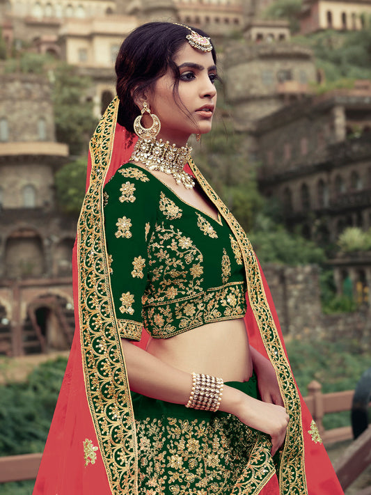 Odette Women Dark Green Embroidered Semi Stitched Lehenga With Unstitched Blouse