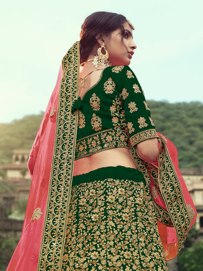 Odette Women Dark Green Embroidered Semi Stitched Lehenga With Unstitched Blouse