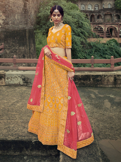 Odette Women Yellow Embroidered Semi Stitched Lehenga With Unstitched Blouse