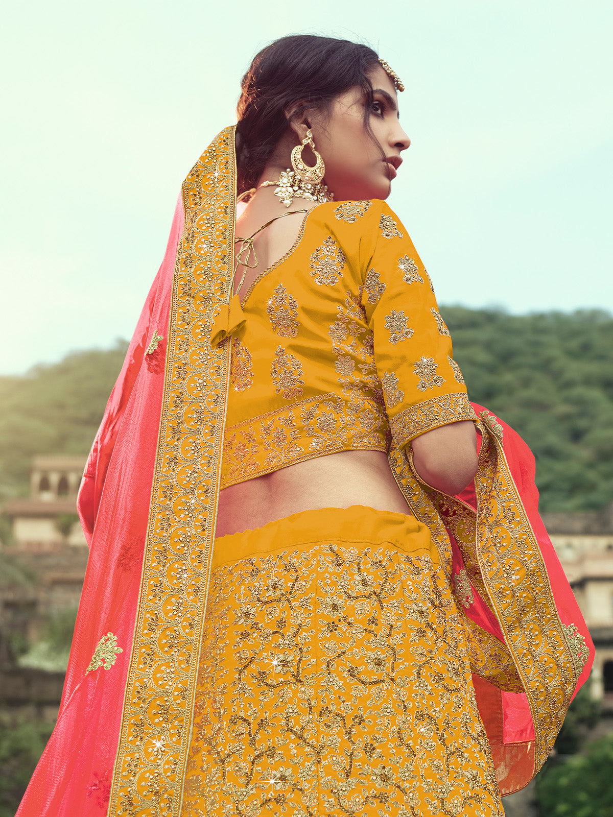 Odette Women Yellow Embroidered Semi Stitched Lehenga With Unstitched Blouse