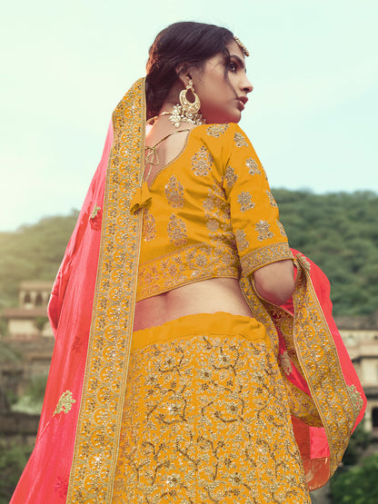 Odette Women Yellow Embroidered Semi Stitched Lehenga With Unstitched Blouse