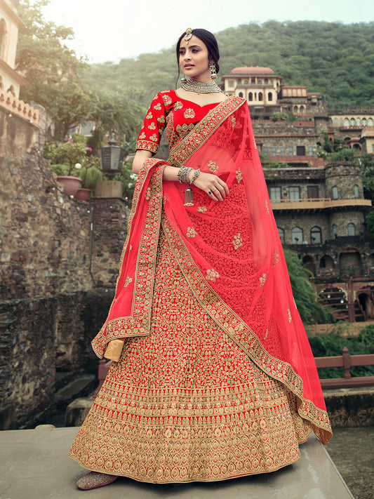Odette Women Red Embroidered Semi Stitched Lehenga With Unstitched Blouse