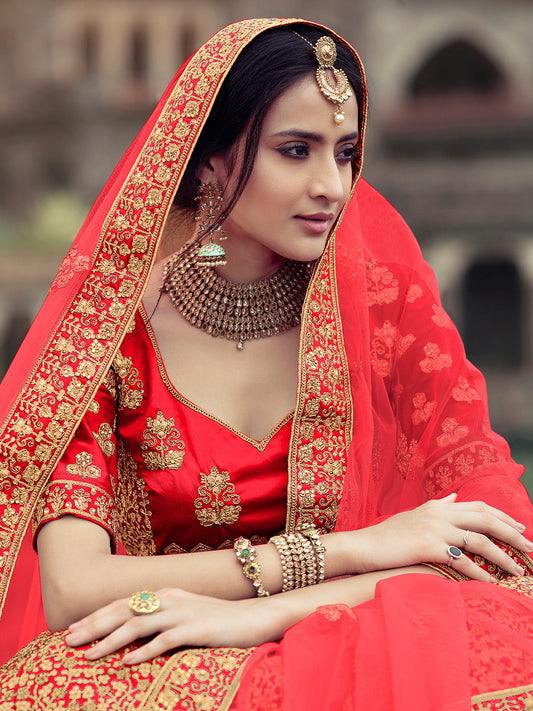 Odette Women Red Embroidered Semi Stitched Lehenga With Unstitched Blouse