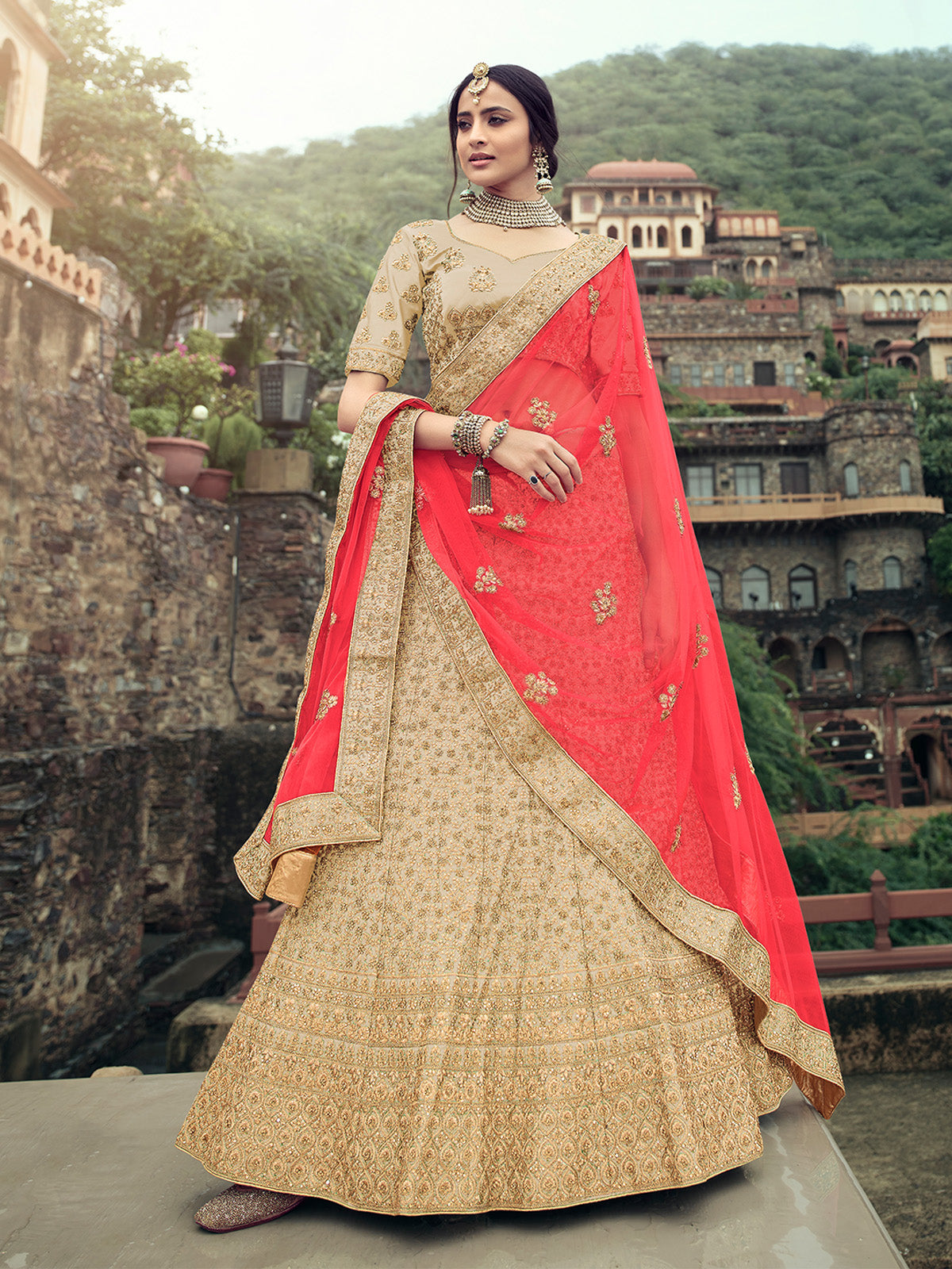 Odette Women Beige Embroidered Semi Stitched Lehenga With Unstitched Blouse