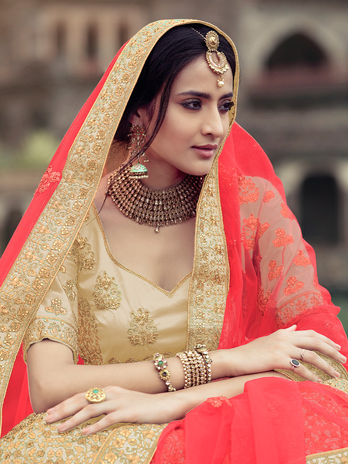 Odette Women Beige Embroidered Semi Stitched Lehenga With Unstitched Blouse