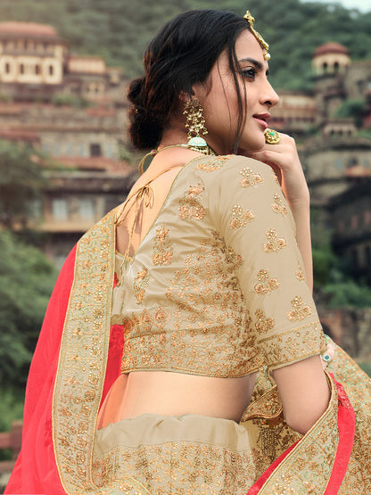 Odette Women Beige Embroidered Semi Stitched Lehenga With Unstitched Blouse
