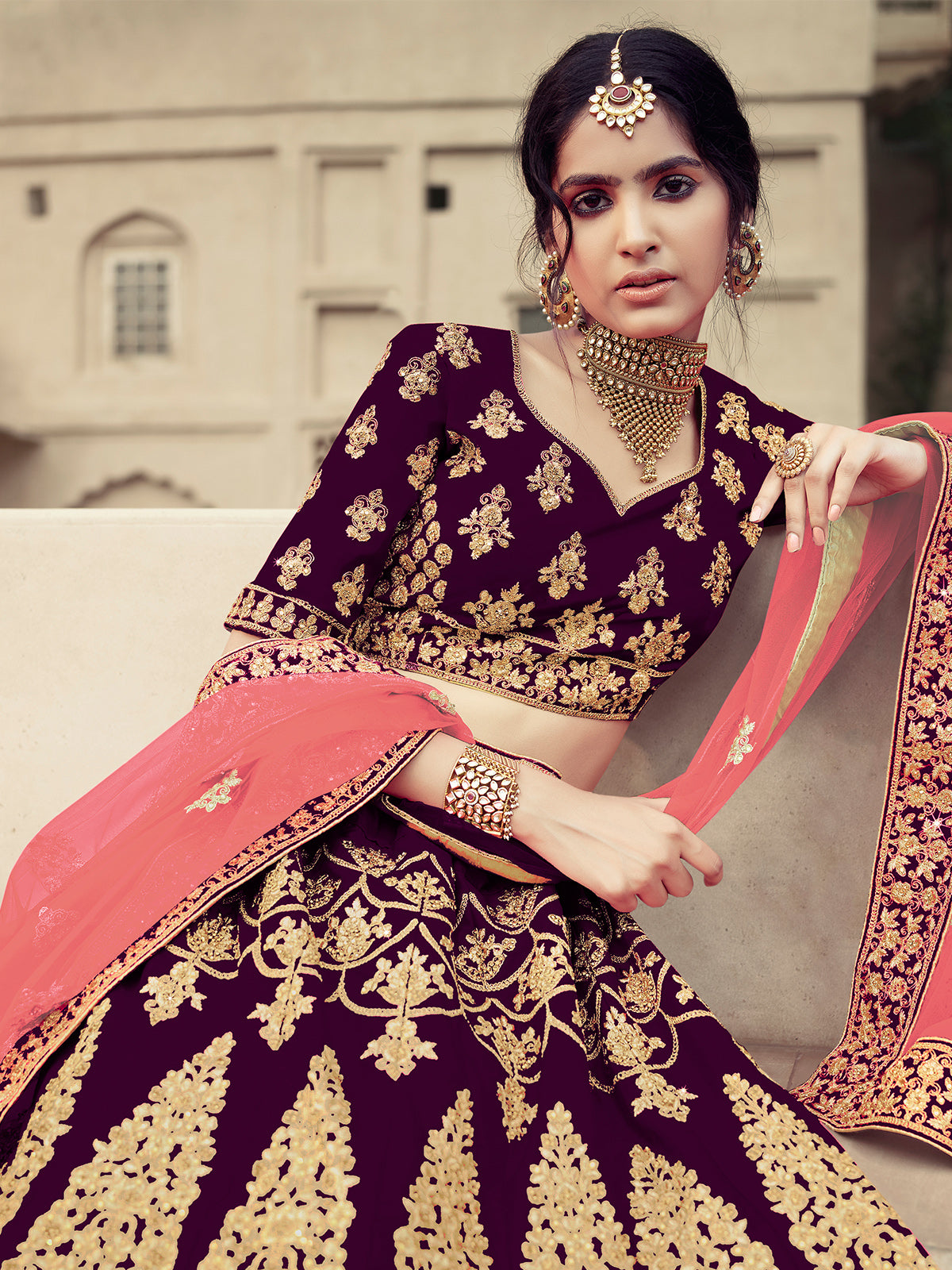 Odette Women Purple Semi Stitched Embroidered Lehenga With Unstitched Blouse